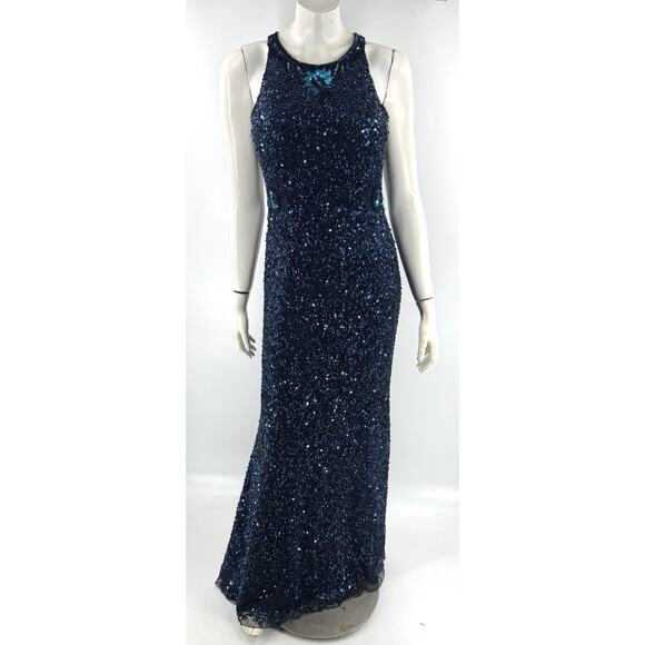 Paul Rekhi Prom Dress Gown Sz 10 Blue Sequin Floral Floor Length Mermaid Formal - Picture 1 of 10